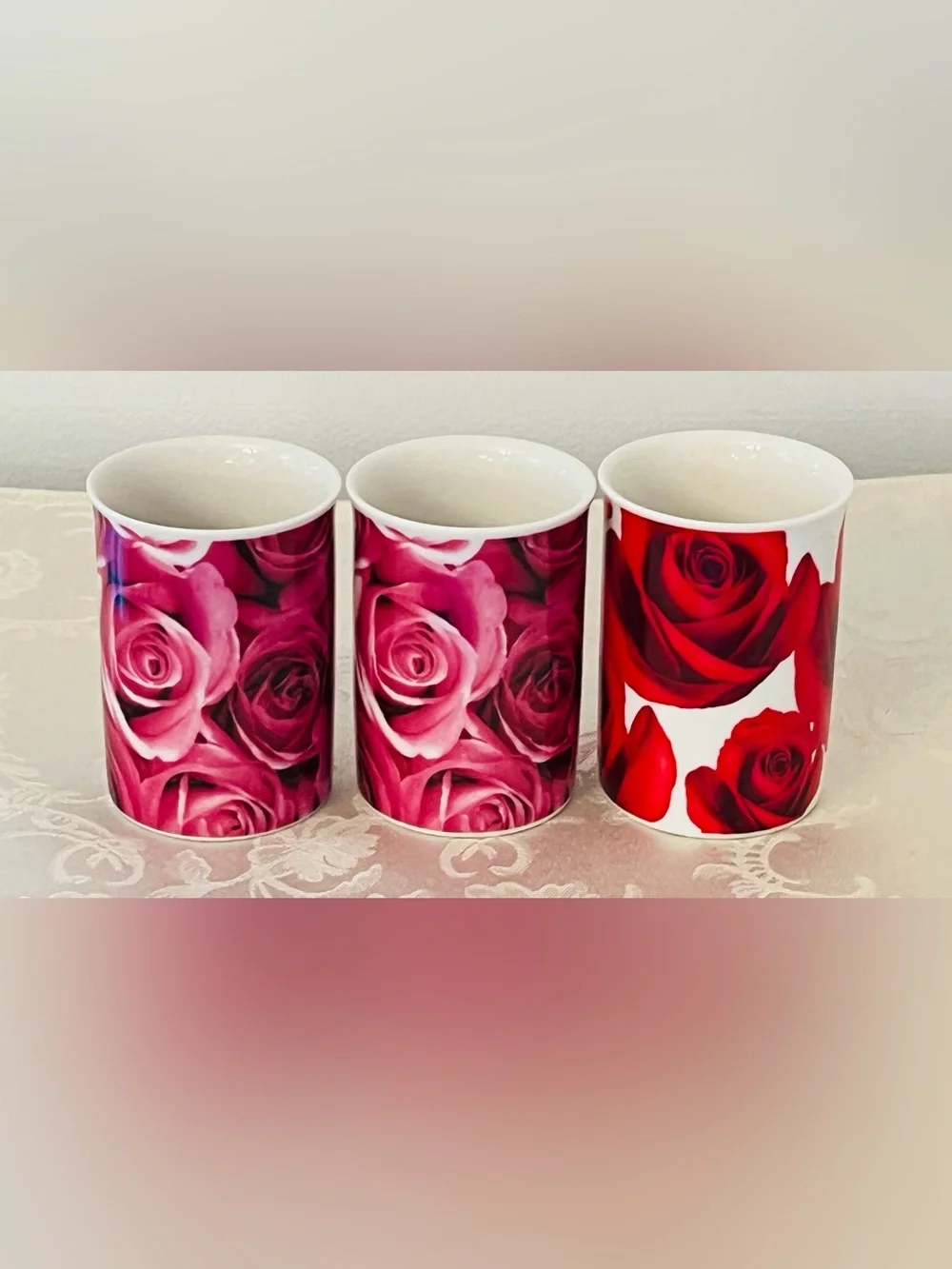 Rose Print Latte Mug Set Pink Floral Cottagecore Tea Coffee Cups NWOB